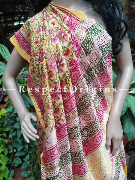  Sanganeri Hand- Block print Chanderi Cotton Silk Saree with Zari Border; Running Blouse