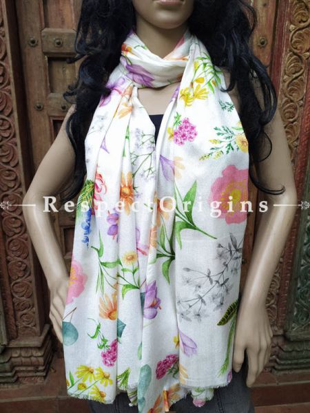 Fine Luxury Formal Silken White Floral Stoles for Work Wear or Evening Wear;Length 80 x 30 Width Inches.; RespectOrigins.com