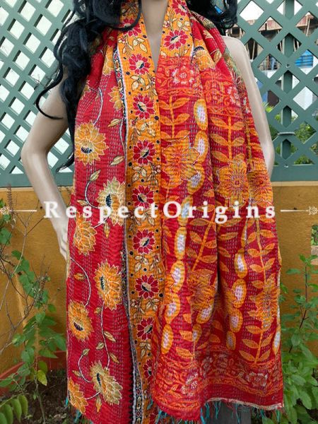 Vibrant Silken Kantha Embroidered Red and Orange Stole