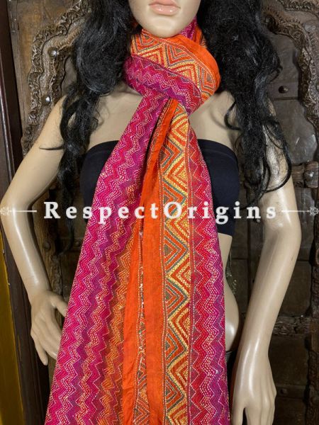 Fabulous Silken Kantha Embroidered Orange, Red and Pink Stole, Dupatta, Shawl; RespectOrigins.com