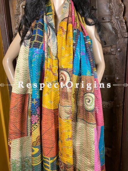 Kantha Stitch Patchwork Silk Multicoloured Stole, Dupatta, Shawl Length 80 x 43 width Inches; RespectOrigins.com
