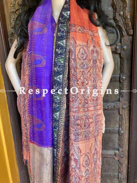 Fabulous Silken Kantha Embroidered Orange and Black, Blue Stole, Dupatta, Shawl Gift for Her.; RespectOrigins.com