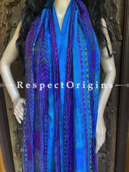 Vibrant Silken Kantha Embroidered Blue Stole, Dupatta, Shawl Gift for Her; RespectOrigins.com