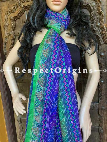 Beautiful Silken Kantha Embroidered Blue and Green Stole, Dupatta, Shawl; RespectOrigins.com