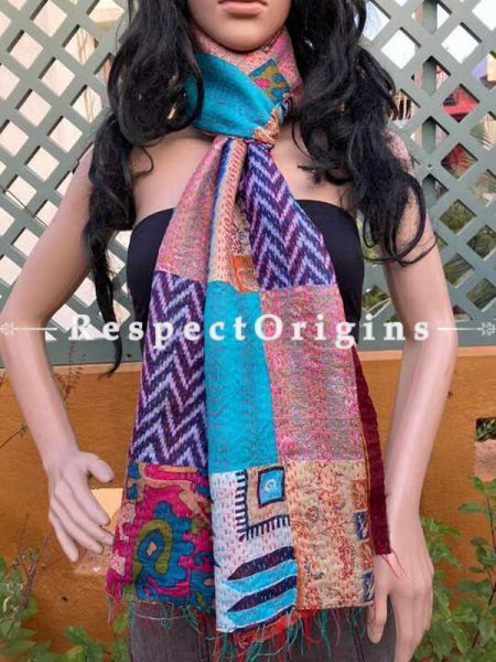 Hand Embroidered Kantha Stitch Patchwork Silk Multicoloured Stoles; Length 80 x 20 width Inches; RespectOrigins.com