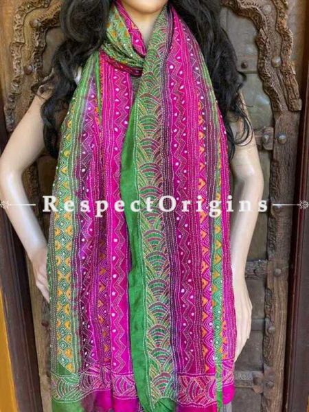 Fabulous Silken Kantha Embroidered Green and Pink Stole, Dupatta, Shawl Gift for her; RespectOrigins.com