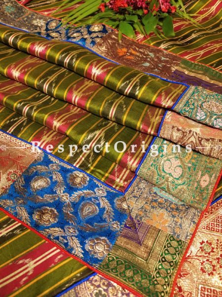 Buy Luxurious Green and Red Ikat Patola Silk Dupatta with Vintage Banarasi Brocade Kinkhab Border;At RespectOrigins