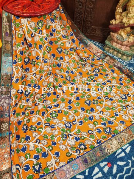 Buy Orange and Green Unique Duppata in Cotton Silk with Kalamkari Print and Silk Contrast Border;At RespectOrigins