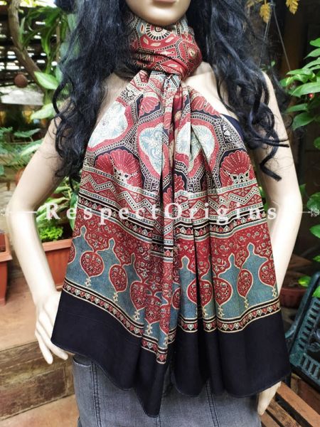 Ajrakh Hand Block Print Mashru Formal Silk Stole Duppatta Neck Scarf; Multi-coloured