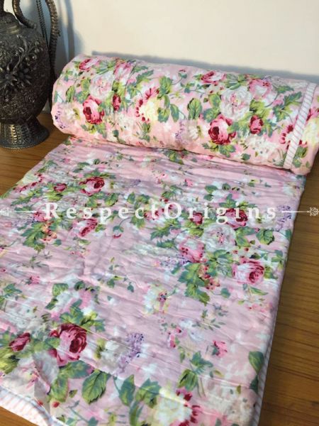 Lavish & Rich Cotton filled Hand Block Printed Single Pale pink Jaipuri Comforter with Colorful Floral Motifs; 90 x 60 Inches; RespectOrigins.com