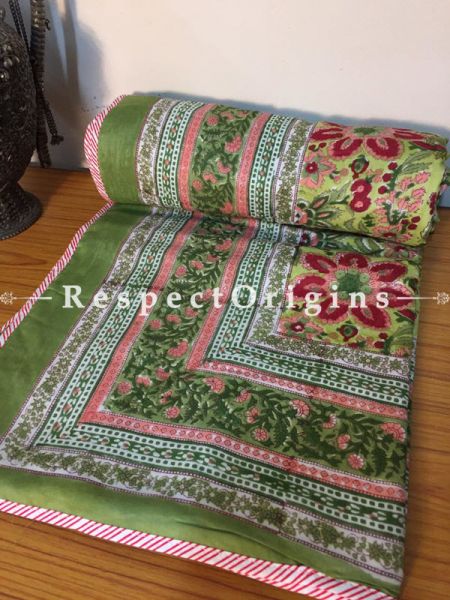 Pale Green N Red  Pure Cotton Hand Block Printed Single Jaipuri Dohar Comforter Quilt with Country Motifs; 90 x 60 Inches; RespectOrigins.com