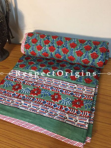 Blue N Red  Pure Cotton Hand Block Printed Single Jaipuri Dohar Comforter Quilt with Country Motifs; 90 x 60 Inches; RespectOrigins.com