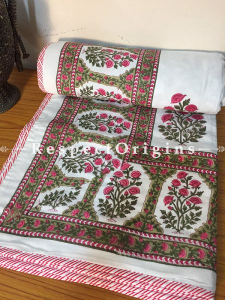 Lovely Cotton Hand Block Printed Single Jaipuri Dohar Comforter Quilt in White Base  with Persian Flower Motifs in Red; 90 x 60 Inches; RespectOrigins.com