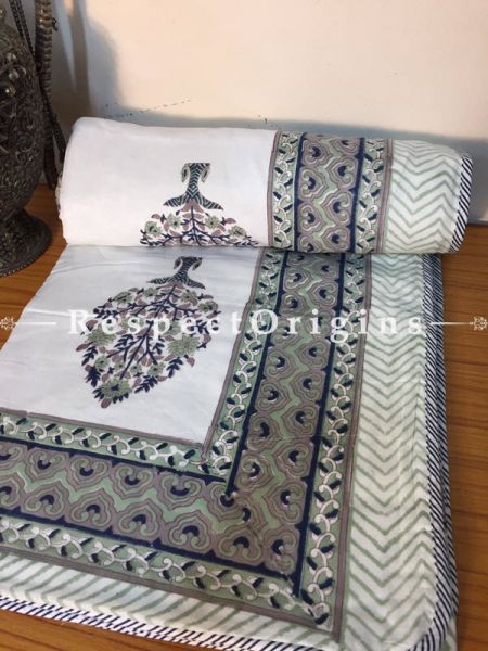 Pure Cotton Hand Block Printed Single Jaipuri Dohar Comforter Quilt in White Base  with Country Motifs; 90 x 60 Inches; RespectOrigins.com