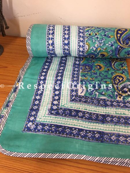 Floral Hand Block Printed Luxury Rich Cotton Filled Reversible Single Jaipuri Razai or Dohar or Comforter or Quilt In Blue  with Colorful Paisley Motifs; 90x60 Inches; RespectOrigins.com
