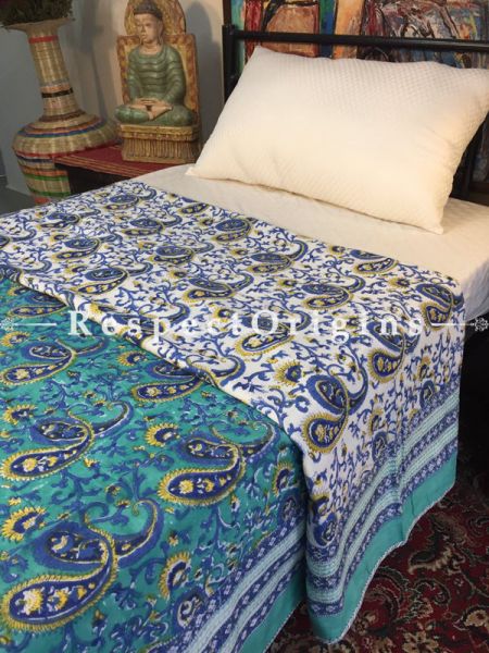 Floral Hand Block Printed Luxury Rich Cotton Filled Reversible Single Jaipuri Razai or Dohar or Comforter or Quilt In Blue  with Colorful Paisley Motifs; 90x60 Inches; RespectOrigins.com