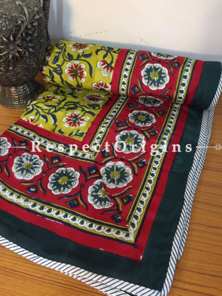 Traditional & Luxurious Pure Cotton Hand Block Printed Single Jaipuri Dohar Comforter Quilt with Colorful Floral Motifs; 90 x 60 Inches; RespectOrigins.com