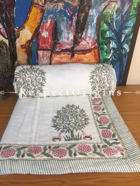 Graceful Pure Cotton Hand Block Printed Single Jaipuri Dohar Comforter Quilt with Colorful Tree Motifs; 90 x 60 Inches; RespectOrigins.com