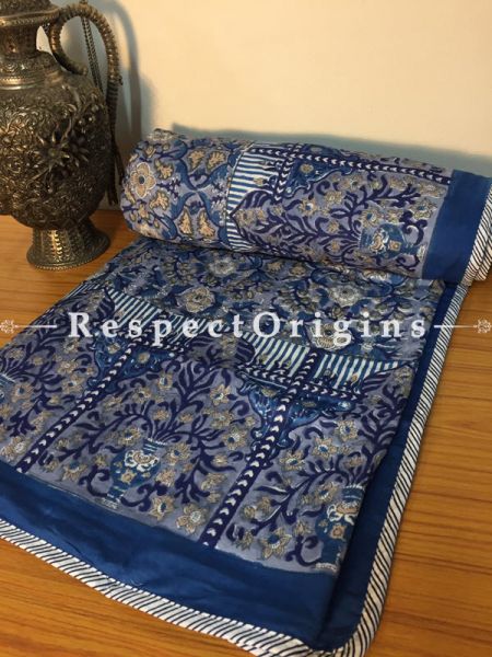 Dark Blue Pure Cotton Hand Block Printed Single Jaipuri Dohar Comforter Quilt with Floral Motifs; 90 x 60 Inches; RespectOrigins.com