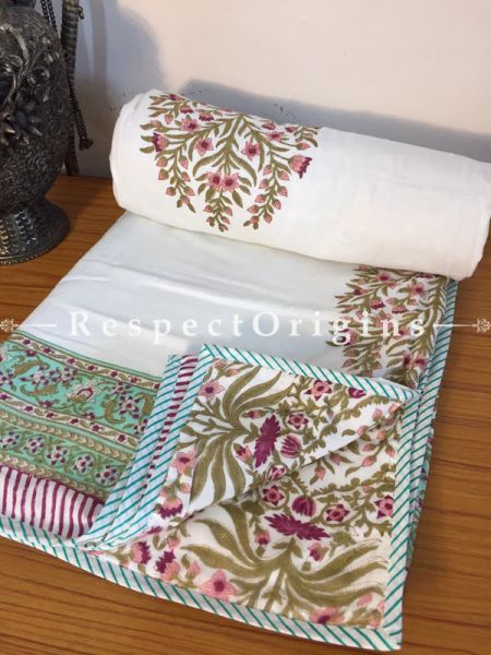 Plush Pure Cotton Hand Block Printed Single Jaipuri Dohar Comforter Quilt in White Base with Colorful Floral Motifs; 90 x 60 Inches; RespectOrigins.com