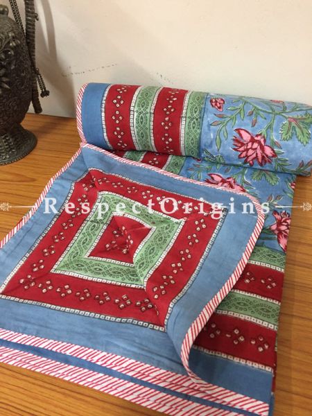 Blue Luxurious Pure Cotton Hand Block Printed Single Jaipuri Dohar Comforter Quilt with Colorful Floral Motifs; 90 x 60 Inches; RespectOrigins.com
