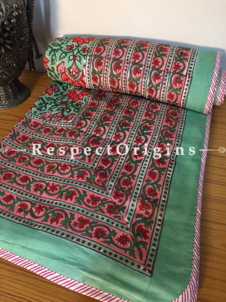 Red N Green Pure Cotton Hand Block Printed Single Jaipuri Dohar Comforter Quilt with Floral Motifs; 90 x 60 Inches; RespectOrigins.com
