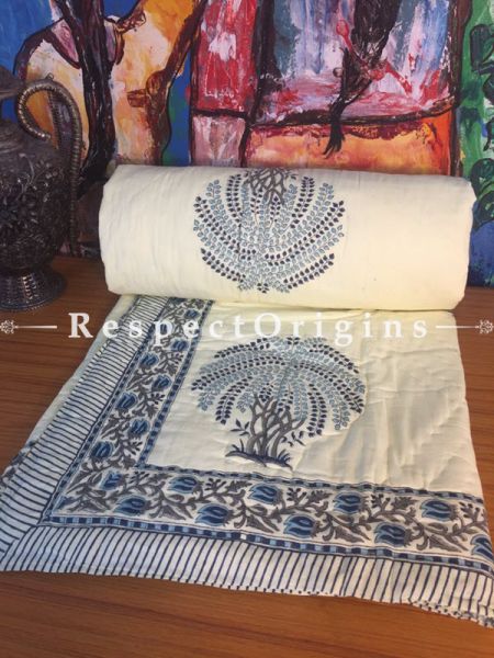 Fancy Pure Cotton Hand Block Printed Single Jaipuri Dohar Comforter Quilt with Colorful Tree Motifs; 90 x 60 Inches; RespectOrigins.com