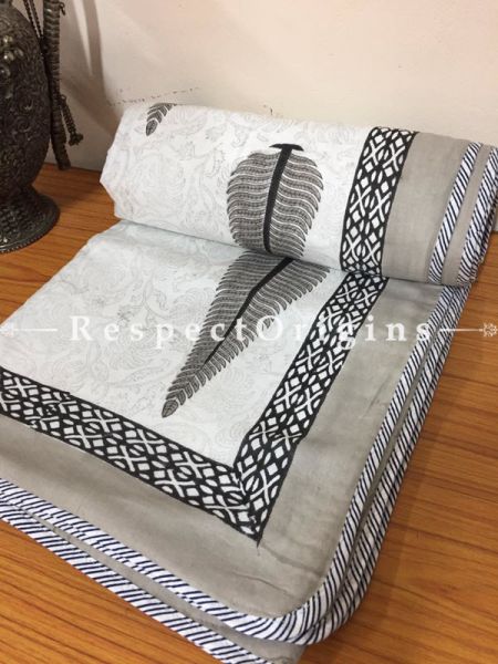 Cute Cotton Hand Block Printed Single Jaipuri Dohar Comforter Quilt in White Base with Traditional Motifs; 90 x 60 Inches; RespectOrigins.com