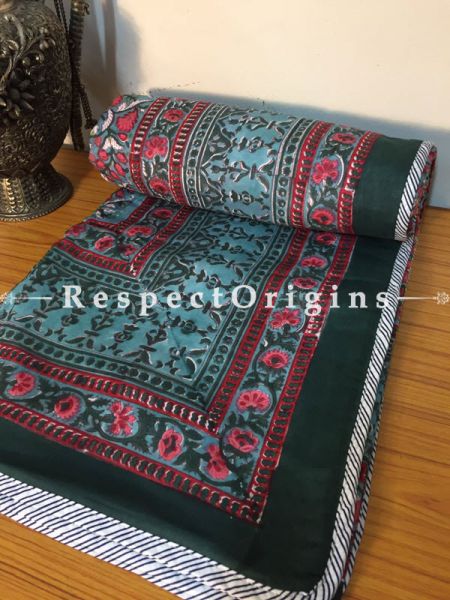 Vibrant & Colorful Pure Cotton Hand Block Printed Single Jaipuri Multicolor Dohar Comforter Quilt with Floral Motifs; 90 x 60 Inches; RespectOrigins.com