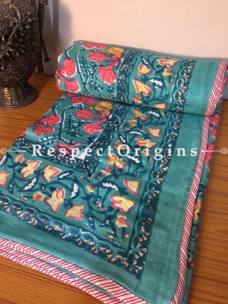 Tropical & Colorful  Pure Cotton Hand Block Printed Single Jaipuri Dohar Comforter Quilt with Floral Motifs; 90 x 60 Inches; RespectOrigins.com