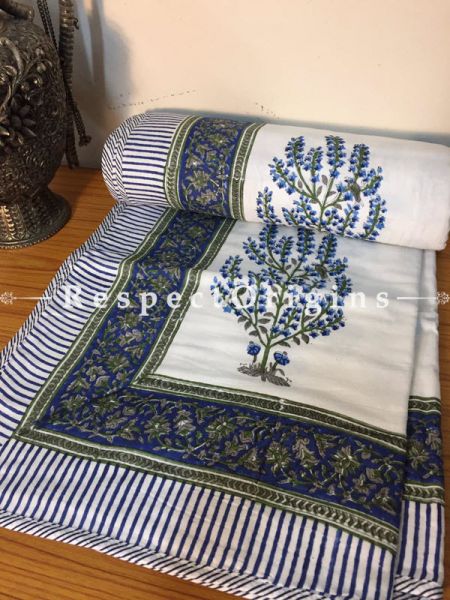 Charming Cotton Hand Block Printed Single Jaipuri Dohar Comforter Quilt in White Base with Palm Tree Motifs in Blue; 90 x 60 Inches; RespectOrigins.com