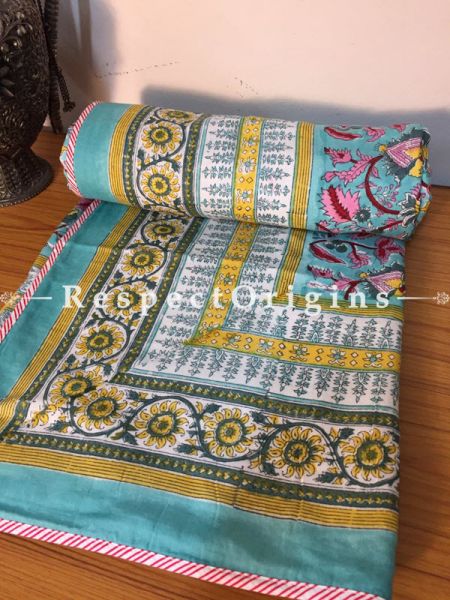Blue Pure Cotton Hand Block Printed Single Jaipuri Dohar Comforter Quilt with Yellow Floral N Red Vines Motifs; 90 x 60 Inches; RespectOrigins.com