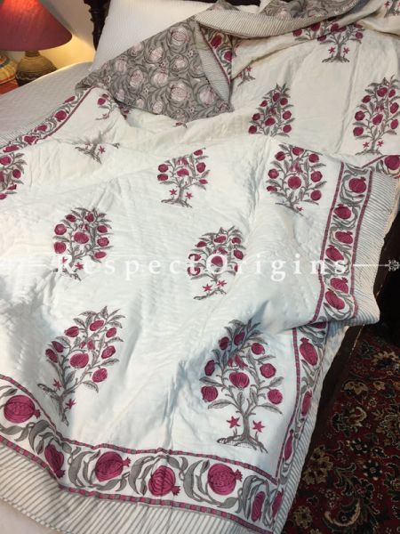 Flora Luxury Rich Cotton- Filled Reversible Single Size Comforter; Hand Block Printed 90x60 Inches; RespectOrigins.com