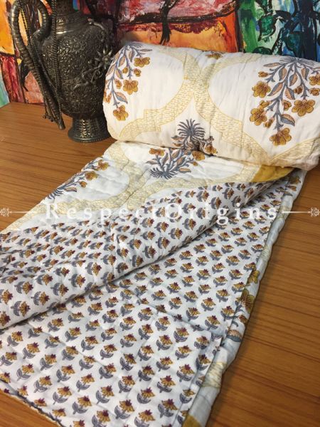 Fleur Luxury Rich Cotton- Filled Reversible Single Size Comforter; Hand Block Printed 90x60 Inches; RespectOrigins.com
