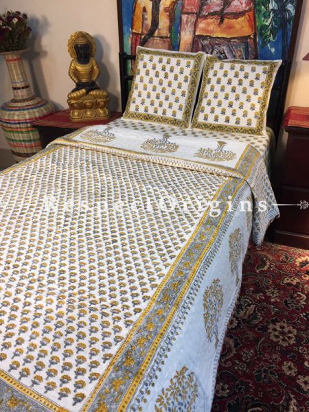 Camellia Luxurious Rich Cotton Filled Reversible Handblock Printed Single  Dohar Or Comforter or Quilt or Blanket,Bed Spread; Blanket  or Dohar; 88x54 Inches,Bed Sheet; 90x60 Inches,Cushion;16x15.5Inches; RespectOrigins.com