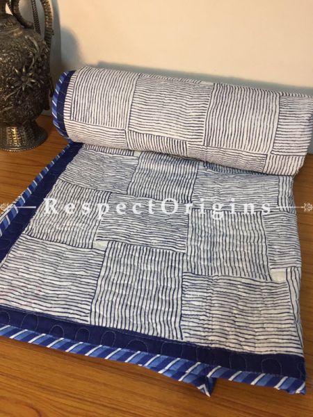 Off White Pure Cotton Hand Block Printed Single Jaipuri Dohar Comforter Quilt with Stripes; 90 x 60 Inches; RespectOrigins.com