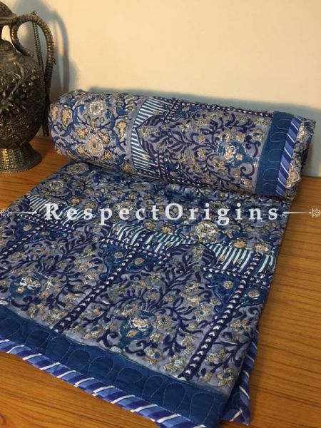 Floral Dark Blue Pure Cotton Hand  Block Printed Single Jaipuri Dohar Comforter Quilt ; 90 x 60 Inches; RespectOrigins.com