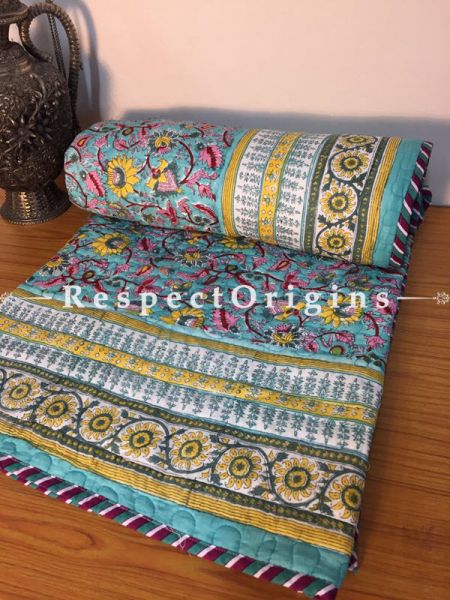 Floral Sky Blue N Yellow Pure Cotton Hand Block Printed Single Jaipuri Dohar Comforter Quilt ; 90 x 60 Inches; RespectOrigins.com