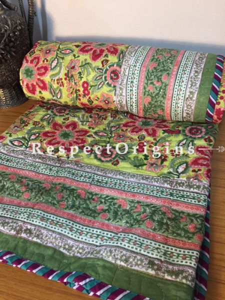 Floral Pale Yellow N Red Pure Cotton Hand Block Printed Single Jaipuri Dohar Comforter Quilt ; 90 x 60 Inches; RespectOrigins.com