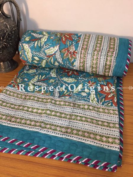 Vibrant Blue Pure Cotton Hand Block Printed Single Jaipuri Dohar Comforter Quilt with Floral Motifs; 90 x 60 Inches; RespectOrigins.com