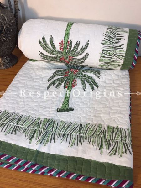 Pure Cotton Hand Block Printed Single Jaipuri Dohar Comforter Quilt in White Base with Palm Tree Motifs; 90 x 60 Inches; RespectOrigins.com