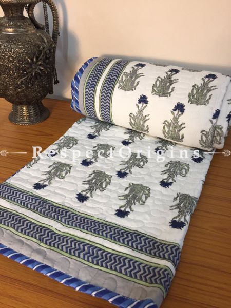 Delux White Pure Cotton Hand Block Printed Single Jaipuri Dohar Comforter Quilt with  Grey and Blue Country Motifs; 90 x 60 Inches; RespectOrigins.com