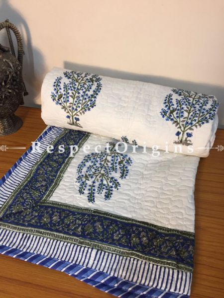 Splendid White Pure Cotton Hand Block Printed Single Jaipuri Dohar Comforter Quilt with Blue Small Plants Motifs; 88 x 56 Inches; RespectOrigins.com