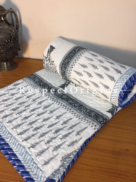 Ritzy White Pure Cotton Hand Block Printed Single Jaipuri Dohar Comforter Quilt with Country Tree Motifs; 88 x 56 Inches; RespectOrigins.com