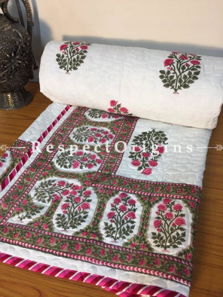 Lush White Pure Cotton Hand Block Printed Single Jaipuri Dohar Comforter Quilt with Persian Pink Flowe Motifs; 90 x 60 Inches; RespectOrigins.com