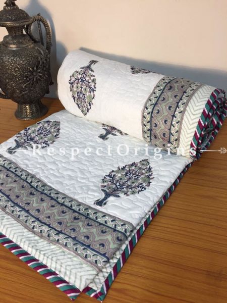 Extravagant White Pure Cotton Hand Block Printed Single Jaipuri Dohar Comforter Quilt with Tree Motifs; 88 x 56 Inches; RespectOrigins.com