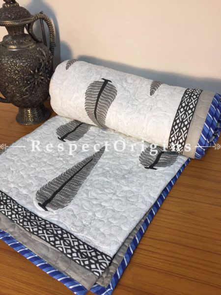 Lavish White Pure Cotton Hand Block Printed Single Jaipuri Dohar Comforter Quilt with Grey Country Motifs; 88 x 56 Inches; RespectOrigins.com