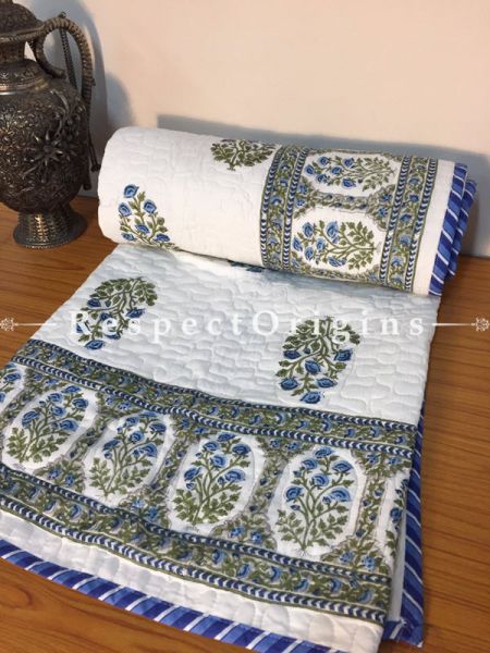 Rich White Pure Cotton Hand Block Printed Single Jaipuri Dohar Comforter Quilt with Colorful Floral Motifs; 90 x 60 Inches; RespectOrigins.com