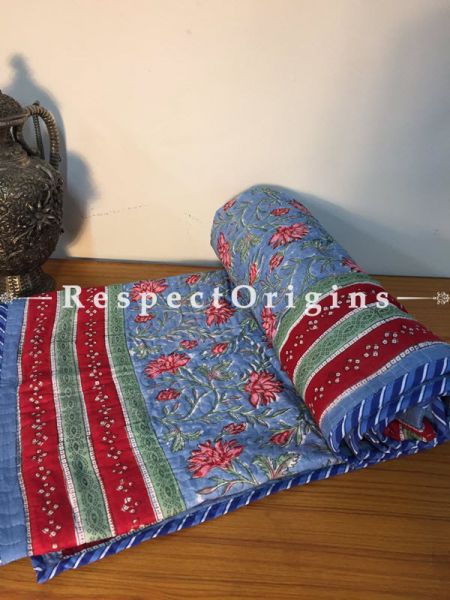 Striking Floral Blue N Red Pure Cotton Hand Block Printed Single Jaipuri Dohar Comforter Quilt; 90 x 60 Inches; RespectOrigins.com