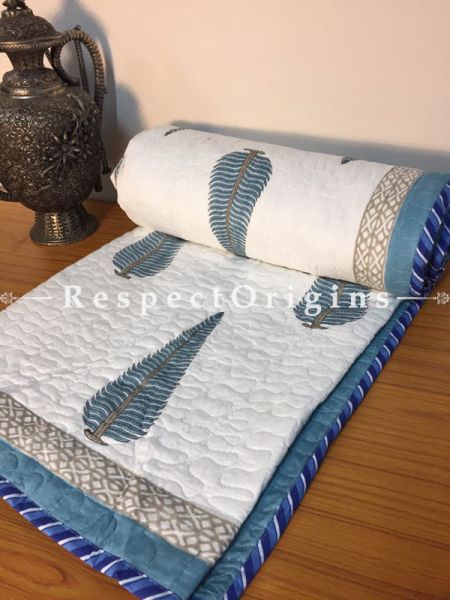 Grand Pure Cotton Hand Block Printed Single Jaipuri Dohar Comforter Quilt in White with Blue Country Motifs; 90 x 60 Inches; RespectOrigins.com
